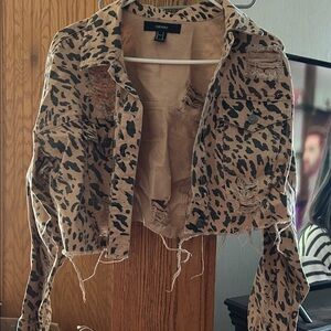 Forever 21 Animal Print Distressed Jean Jacket